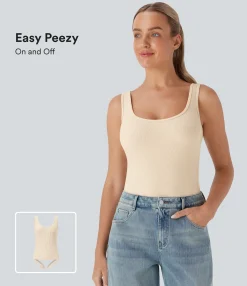 Bodysuits<HALARA Ribbed U Neck Adjustable Leg Straps Casual Bodysuit-Easy Peezy