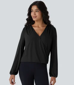 Work Tops<HALARA Ribbed V Neck Invisible Snap Long Sleeve Wrapped Work Top