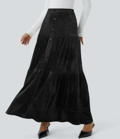 Maxi & Midi Skirts|Casual Skirts<HALARA Ribbed Velvet High Waisted Decorative Pocket Maxi Casual Skirt