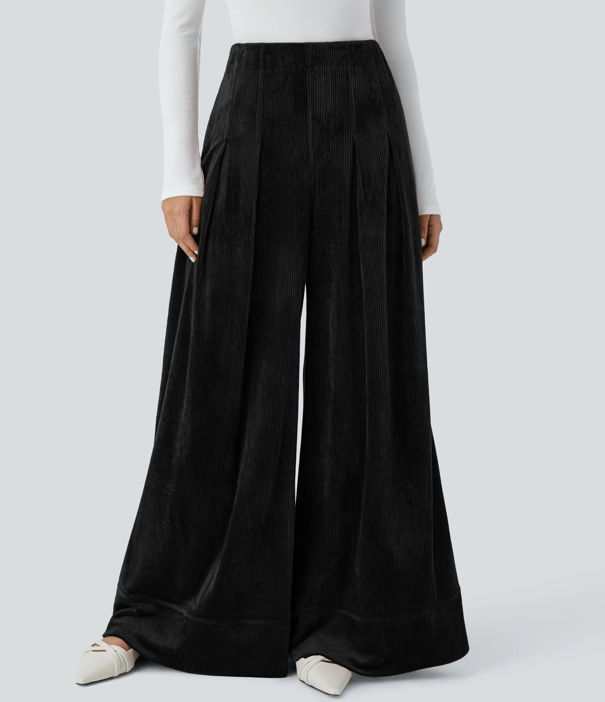 Wide-Leg Pants|Pants<HALARA Ribbed Velvet High Wasted Pockets Wide Leg Palazzo Casual Pants