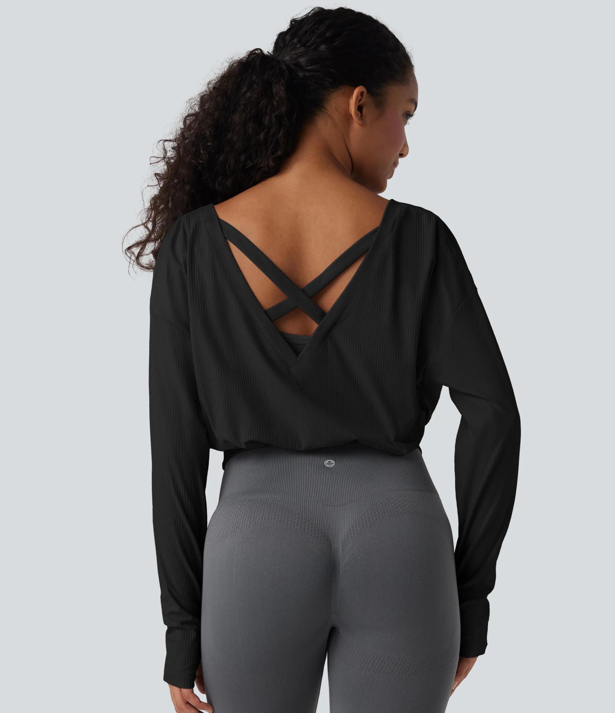 Sports Tops|Sports Tops<HALARA Ribbed V-neck Crossover Thumb Holes Yoga Sports Top
