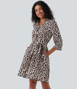 Maxi & Midi Dresses|Dresses<HALARA Roll Up Sleeve Belted Leopard Print Casual Shirt Dress with Pockets