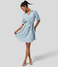 Mini Dresses|Maxi & Midi Dresses<HALARA Roll Up Sleeve Belted Relaxed Work Shirt Dress