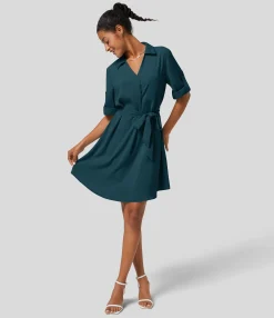 Mini Dresses|Maxi & Midi Dresses<HALARA Roll Up Sleeve Belted Relaxed Work Shirt Dress