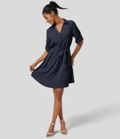 Mini Dresses|Maxi & Midi Dresses<HALARA Roll Up Sleeve Belted Relaxed Work Shirt Dress