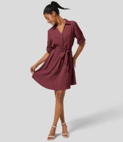 Mini Dresses|Maxi & Midi Dresses<HALARA Roll Up Sleeve Belted Relaxed Work Shirt Dress