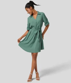 Mini Dresses|Maxi & Midi Dresses<HALARA Roll Up Sleeve Belted Relaxed Work Shirt Dress