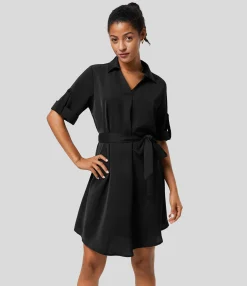 Mini Dresses|Maxi & Midi Dresses<HALARA Roll Up Sleeve Belted Relaxed Work Shirt Dress