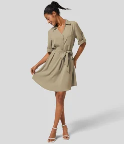 Mini Dresses|Maxi & Midi Dresses<HALARA Roll Up Sleeve Belted Relaxed Work Shirt Dress
