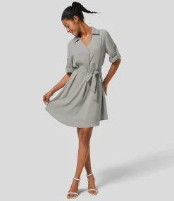 Mini Dresses|Maxi & Midi Dresses<HALARA Roll Up Sleeve Belted Relaxed Work Shirt Dress