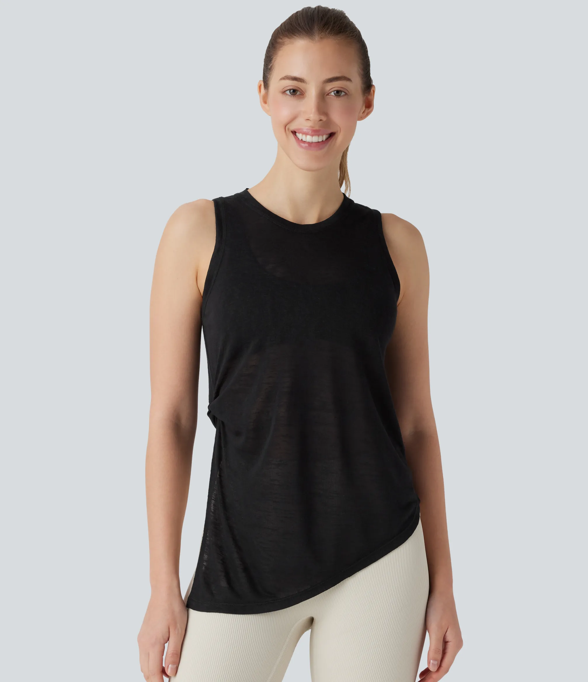 Yoga Tops|Tank Tops & Camis<HALARA Round Neck Asymmetric Hem Tie Side Yoga Tank Top