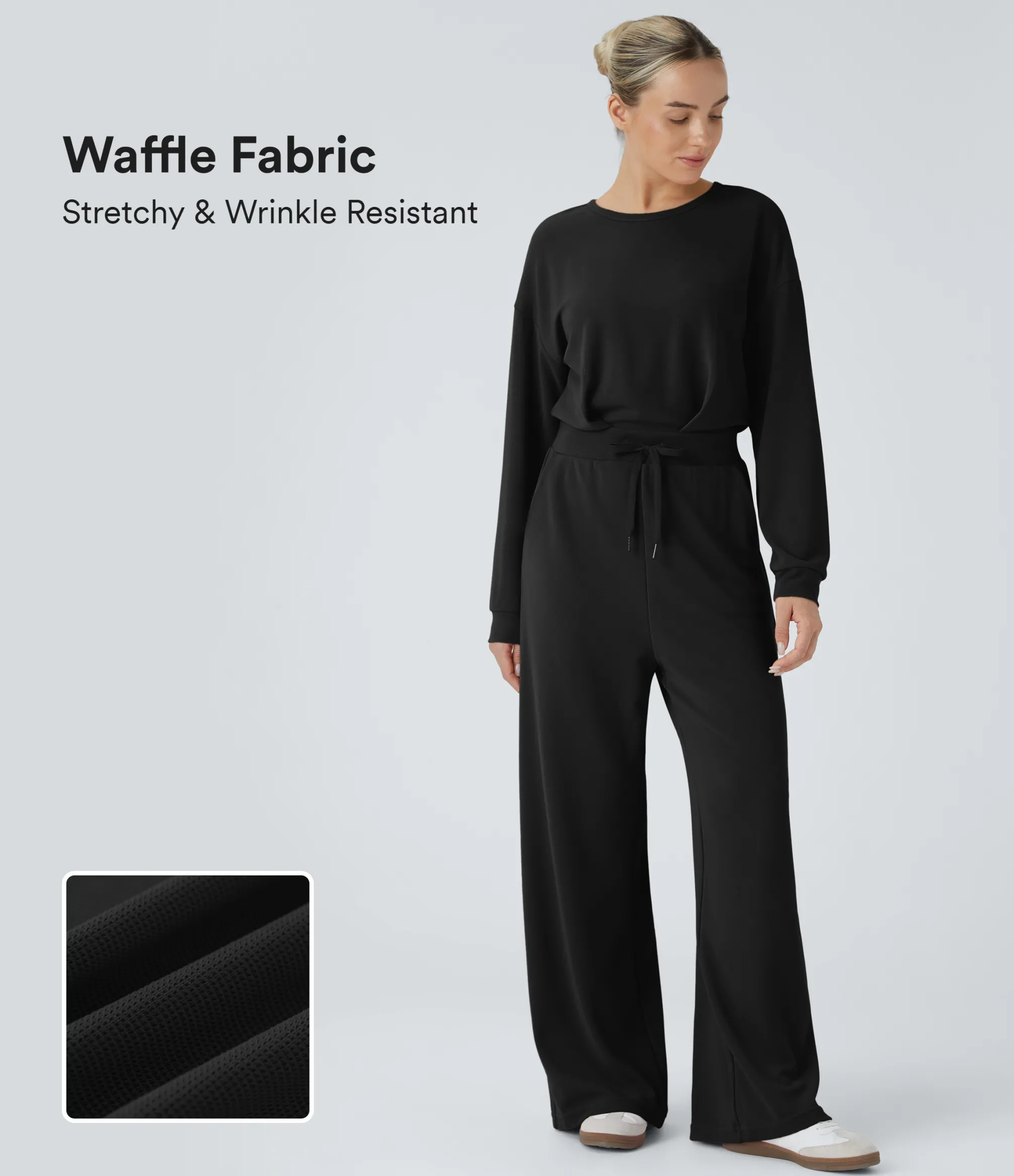 Jumpsuits<HALARA Round Neck Back Drawstring Pocket Waffle Casual Jumpsuit