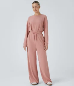 Jumpsuits<HALARA Round Neck Back Drawstring Pocket Waffle Casual Jumpsuit