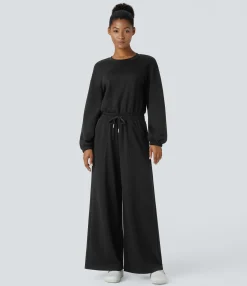 Jumpsuits<HALARA Round Neck Back G-hook Long Sleeve Drawstring Pocket Casual Jumpsuit