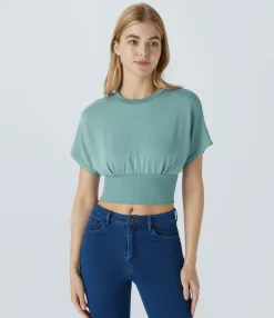 Casual Tops<HALARA Round Neck Batwing Sleeve Cropped Casual Top