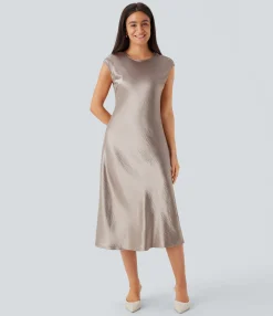 Dresses|Maxi & Midi Dresses<HALARA Round Neck Cap Sleeve A Line Satin Midi Work Dress