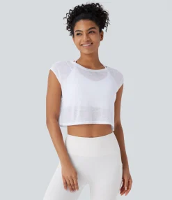 Yoga Tops|Sports Tops<HALARA Round Neck Cap Sleeve Cropped Yoga Sports Top