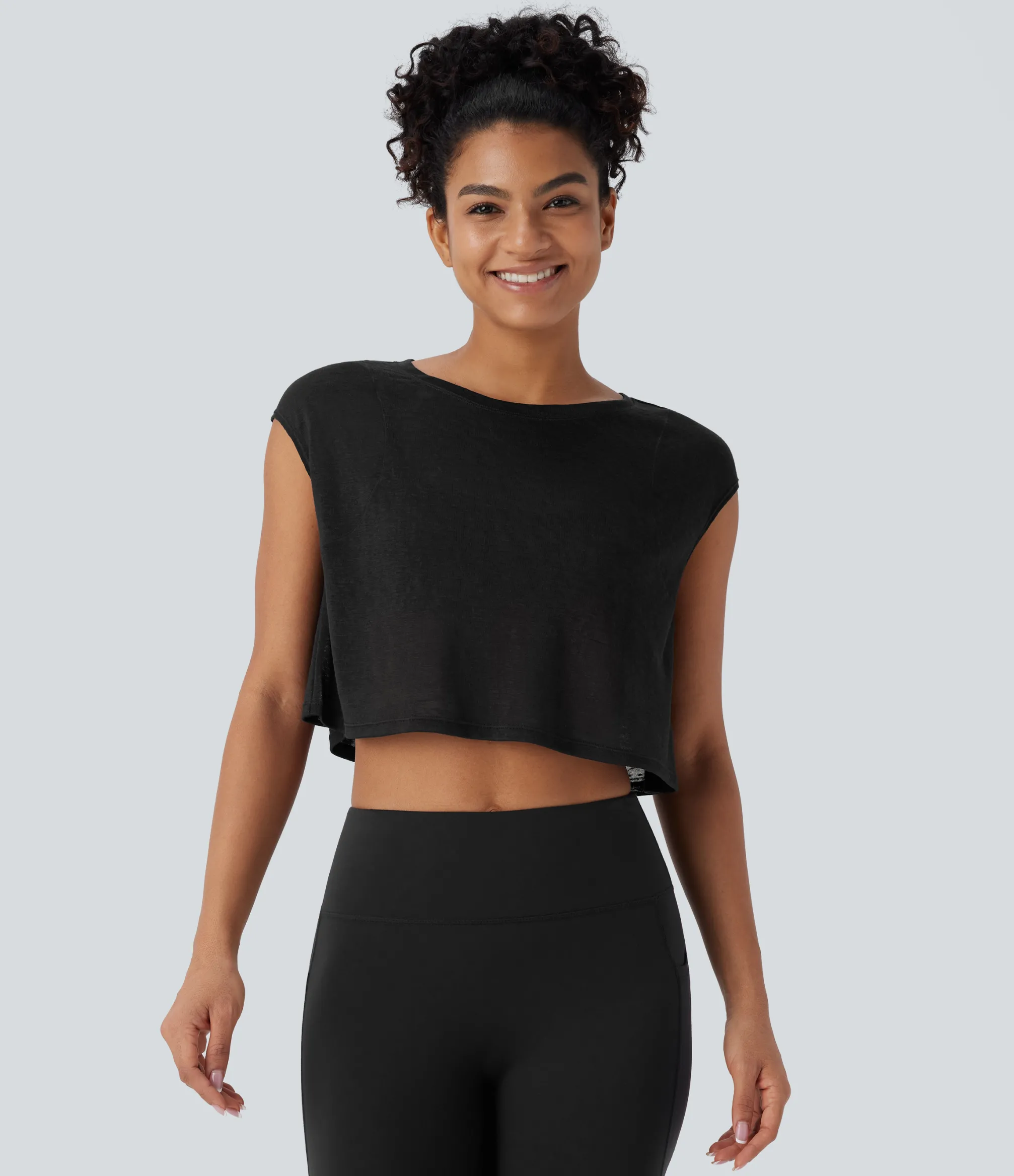 Yoga Tops|Sports Tops<HALARA Round Neck Cap Sleeve Cropped Yoga Sports Top