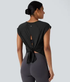 Yoga Tops|Sports Tops<HALARA Round Neck Cap Sleeve Tie Back Curved Hem Yoga Sports Top