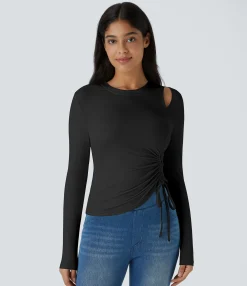 Casual Tops<HALARA Round Neck Cut Out Drawstring Long Sleeve Casual Top