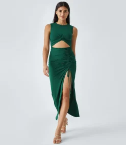 Party Dresses|Bodycon Dresses<HALARA Round Neck Cut Out Ruched Drawstring Hem Bodycon Maxi Casual Dress