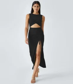 Party Dresses|Bodycon Dresses<HALARA Round Neck Cut Out Ruched Drawstring Hem Bodycon Maxi Casual Dress