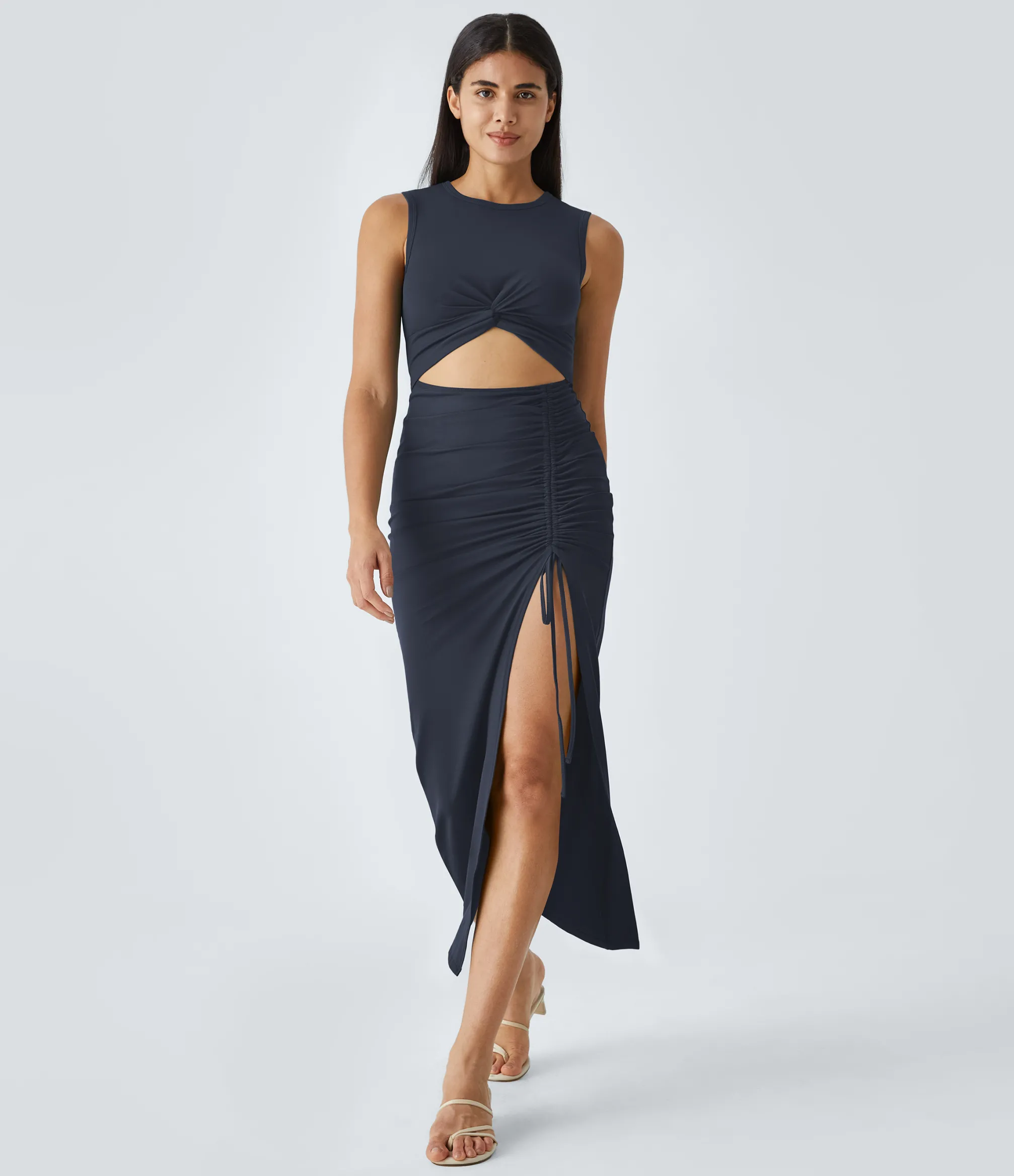 Party Dresses|Bodycon Dresses<HALARA Round Neck Cut Out Ruched Drawstring Hem Bodycon Maxi Casual Dress