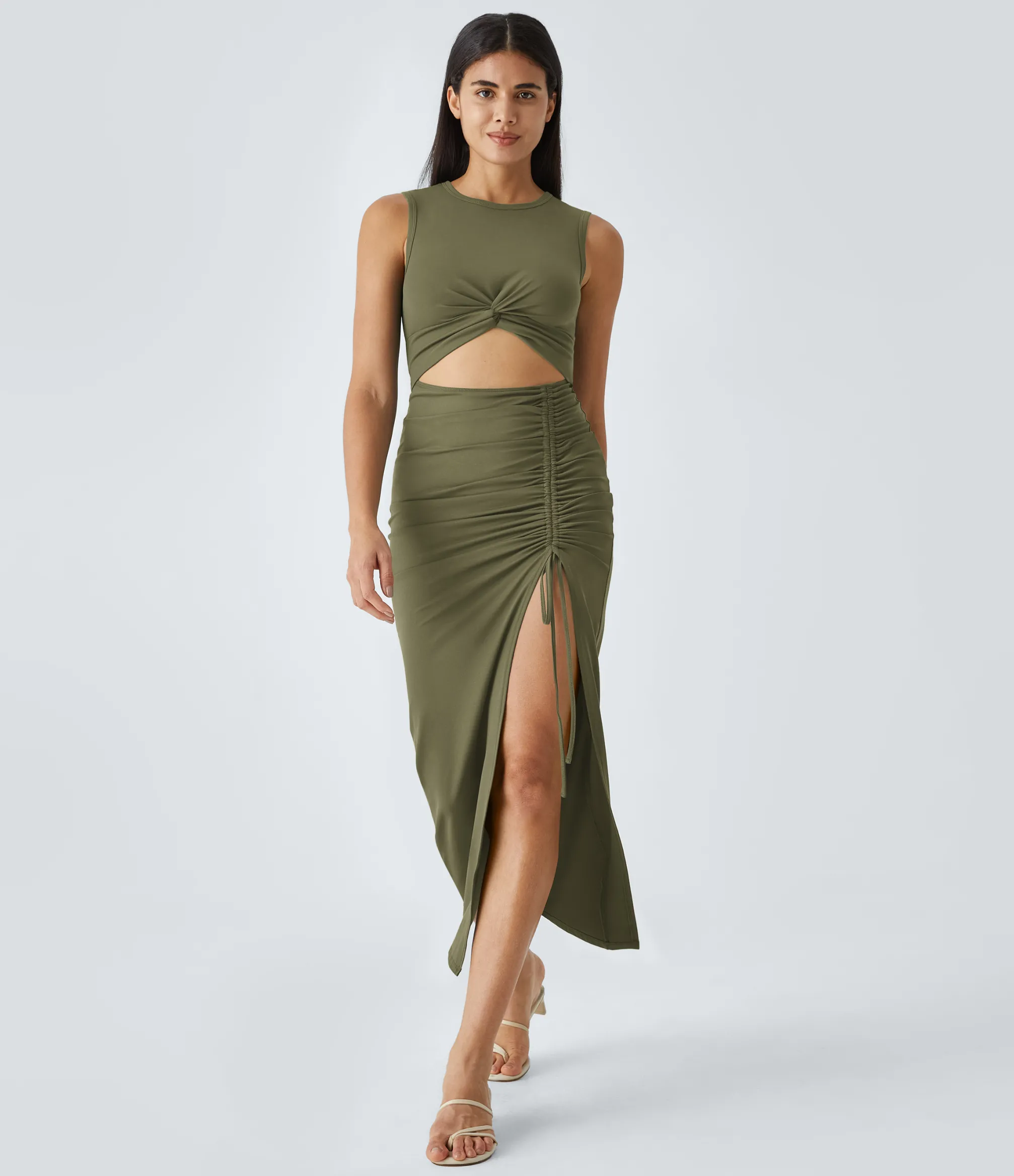 Party Dresses|Bodycon Dresses<HALARA Round Neck Cut Out Ruched Drawstring Hem Bodycon Maxi Casual Dress