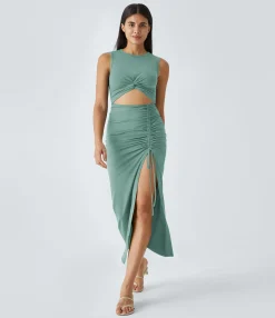 Party Dresses|Bodycon Dresses<HALARA Round Neck Cut Out Ruched Drawstring Hem Bodycon Maxi Casual Dress