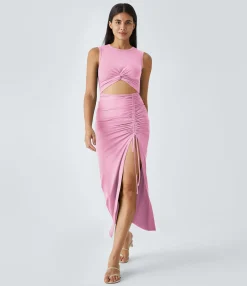 Party Dresses|Bodycon Dresses<HALARA Round Neck Cut Out Ruched Drawstring Hem Bodycon Maxi Casual Dress