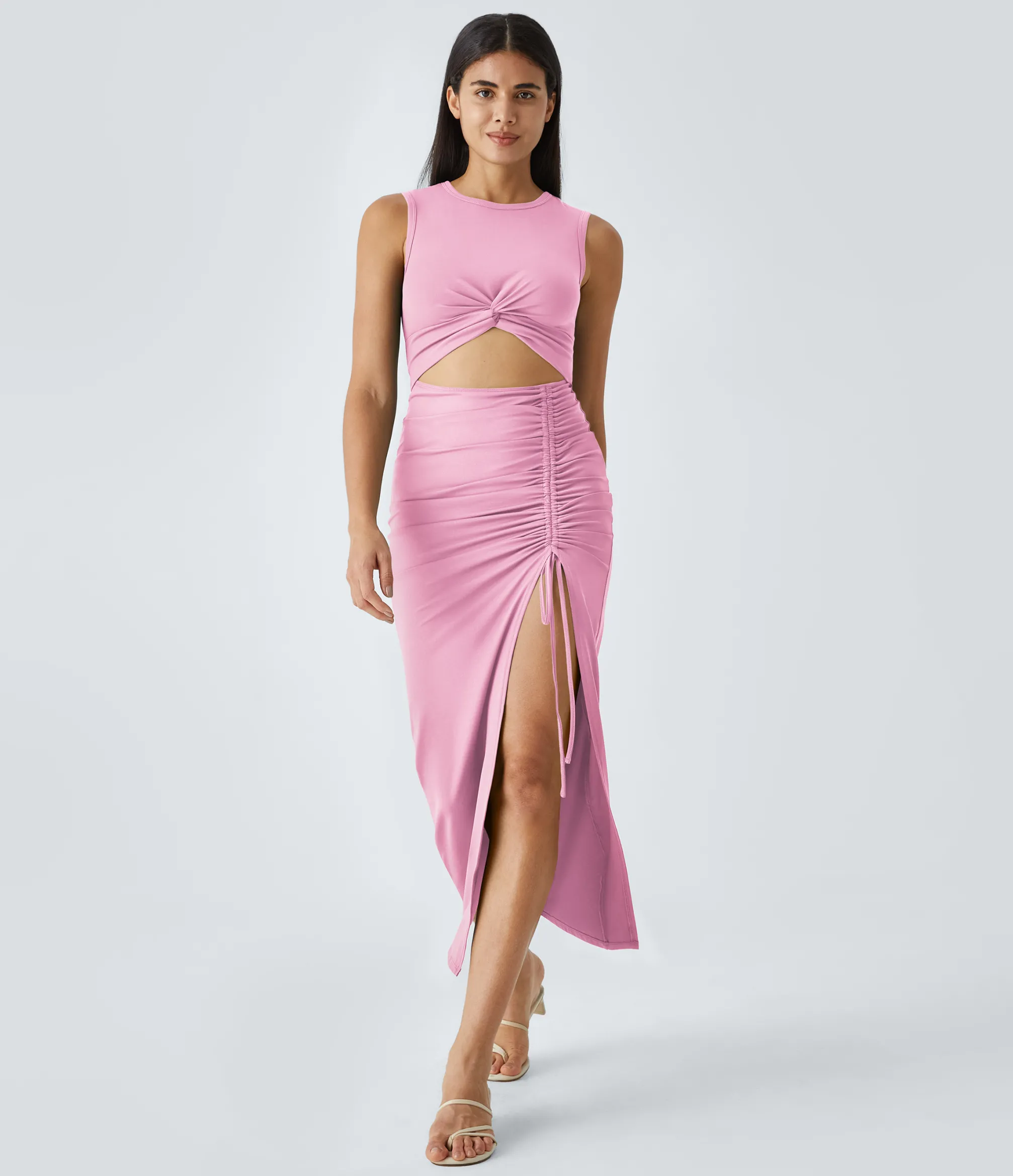 Party Dresses|Bodycon Dresses<HALARA Round Neck Cut Out Ruched Drawstring Hem Bodycon Maxi Casual Dress