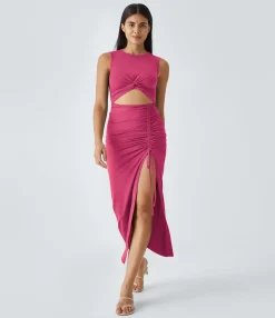 Party Dresses|Bodycon Dresses<HALARA Round Neck Cut Out Ruched Drawstring Hem Bodycon Maxi Casual Dress