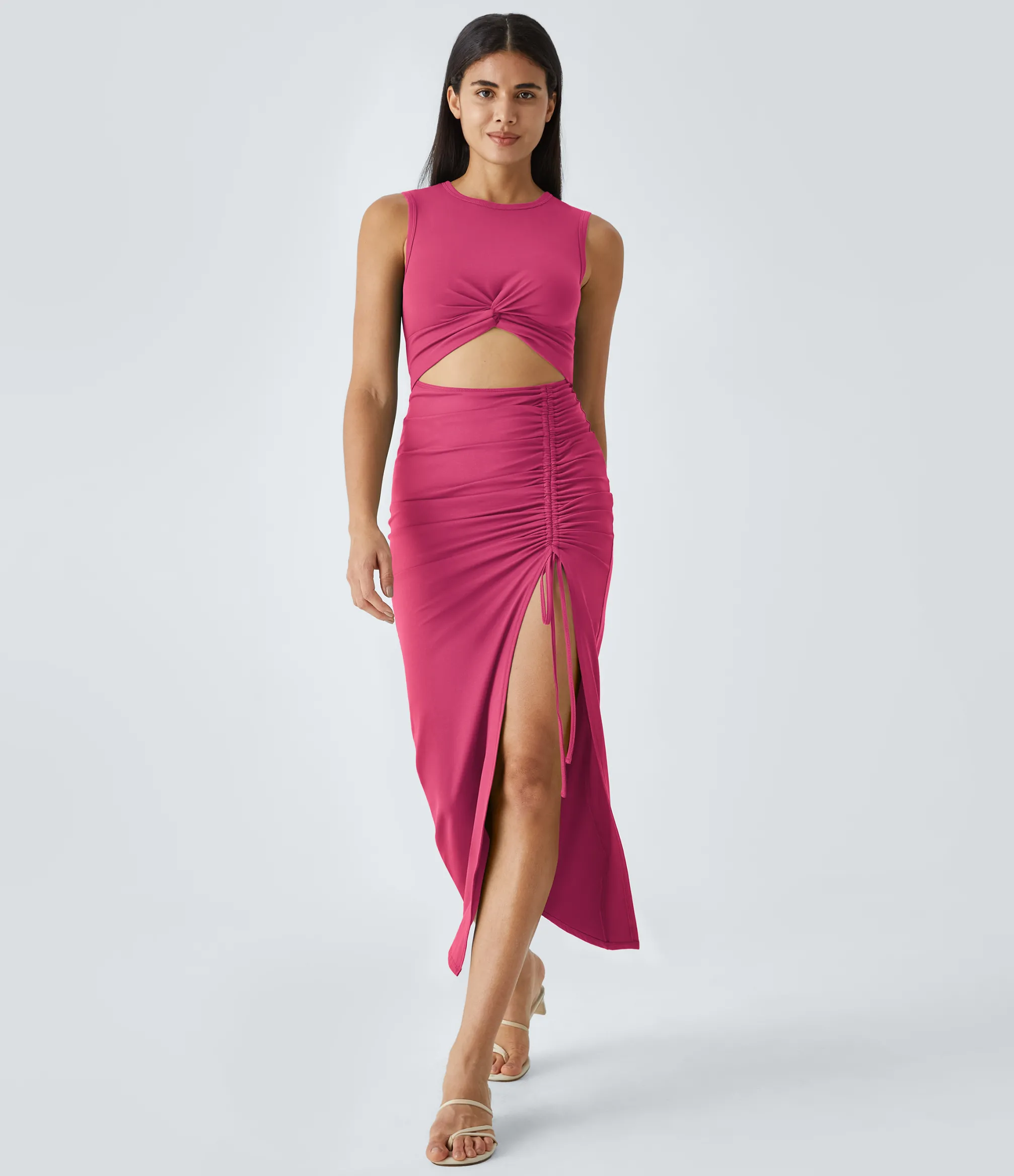 Party Dresses|Bodycon Dresses<HALARA Round Neck Cut Out Ruched Drawstring Hem Bodycon Maxi Casual Dress