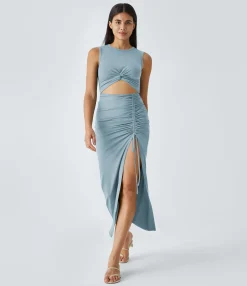 Party Dresses|Bodycon Dresses<HALARA Round Neck Cut Out Ruched Drawstring Hem Bodycon Maxi Casual Dress