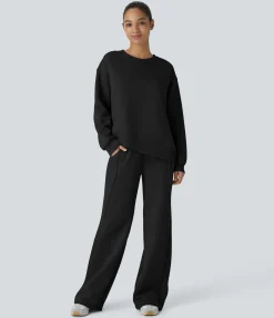 Sweatshirts & Hoodies<HALARA Round Neck Dropped Shoulder Long Sleeve Hem Contrast Ribbed Embroidery Oversize Fleece Casual Sweatshirt