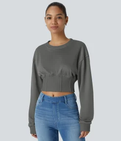 Sweatshirts & Hoodies<HALARA Round Neck Dropped Shoulder Contrast Ribbed Decorative Fishbone Cropped Relaxed Casual Sweatshirt