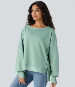 Sweatshirts & Hoodies<HALARA Round Neck Dropped Shoulder Long Sleeve High Low Hem Relaxed Casual Sweatshirt