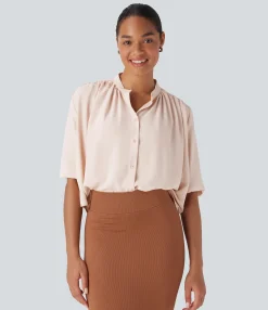Shirts Blouses|Shirts & Blouses<HALARA Round Neck Half Sleeve Curved Hem Linen-Feel Blouse