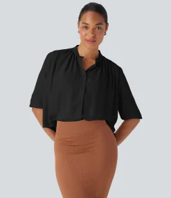 Shirts Blouses|Shirts & Blouses<HALARA Round Neck Half Sleeve Curved Hem Linen-Feel Blouse