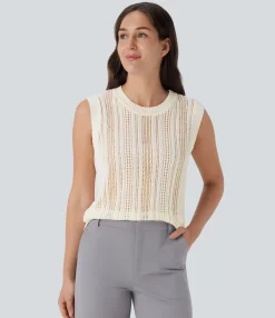 Tank Tops & Camis|Sweaters<HALARA Round Neck Hollow Out Work Knit Tank Top