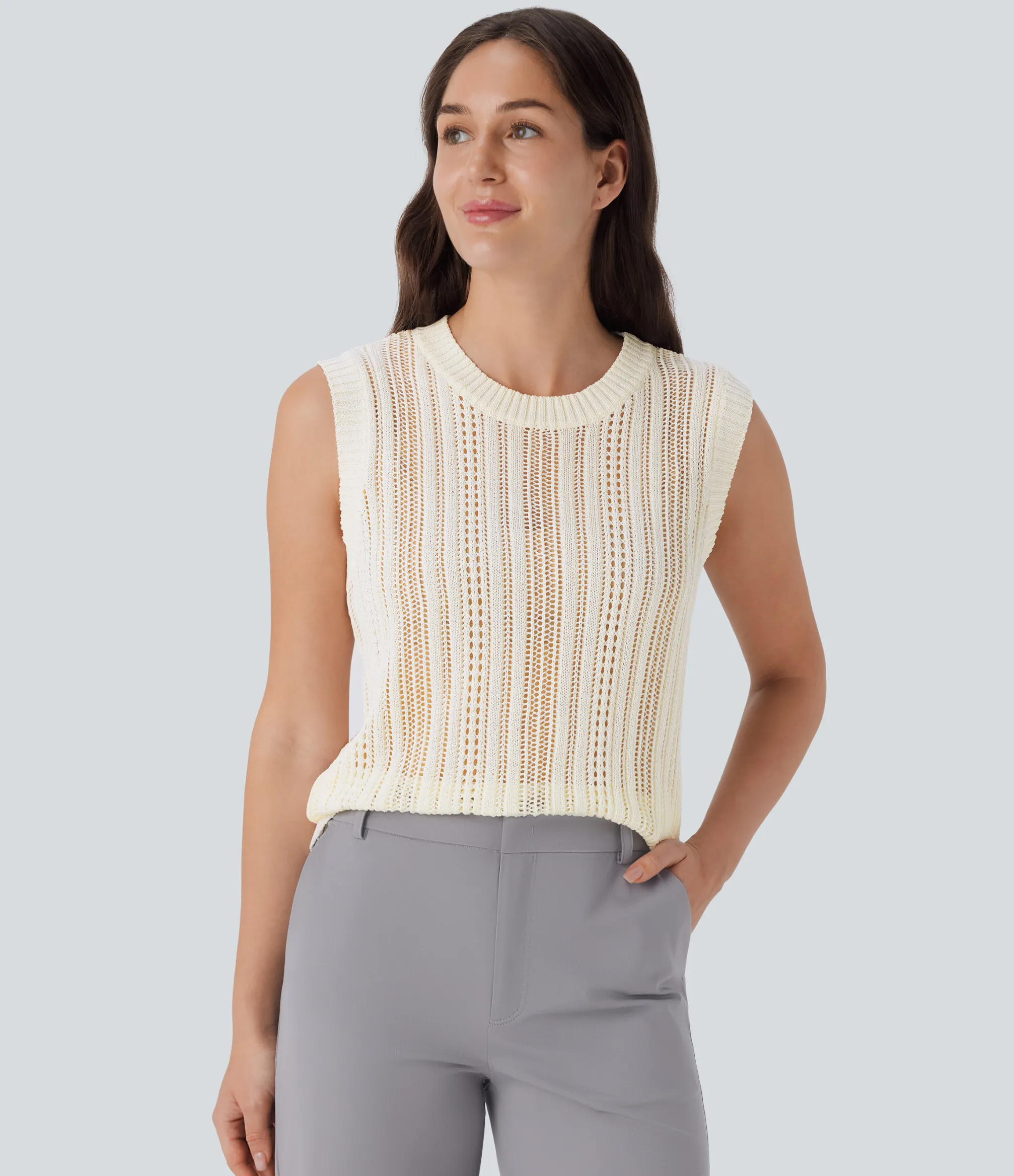 Tank Tops & Camis|Sweaters<HALARA Round Neck Hollow Out Work Knit Tank Top