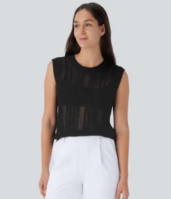 Tank Tops & Camis|Sweaters<HALARA Round Neck Hollow Out Work Knit Tank Top