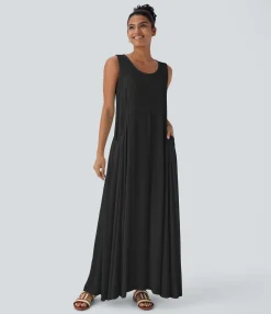 Dresses|Maxi & Midi Dresses<HALARA Round Neck Keyhole Pocket Flowy Maxi Casual Tank Dress