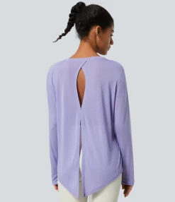 Sports Tops|Sports Tops<HALARA Round Neck Long Sleeve Cut Out Tie Back Yoga Sports Top