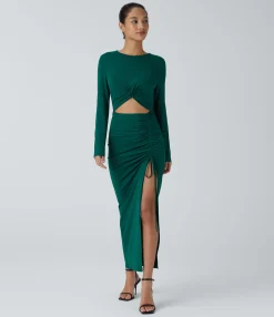 Bodycon Dresses|Maxi & Midi Dresses<HALARA Round Neck Long Sleeve Cut Out Ruched Drawstring Hem Bodycon Maxi Casual Dress
