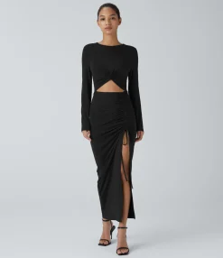 Bodycon Dresses|Maxi & Midi Dresses<HALARA Round Neck Long Sleeve Cut Out Ruched Drawstring Hem Bodycon Maxi Casual Dress