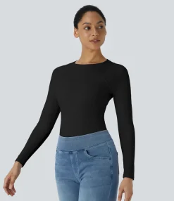 Casual Tops<HALARA Round Neck Long Sleeve Curved Hem Waffle Casual Top