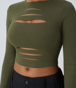 Casual Tops<HALARA Round Neck Long Sleeve Cut Out Ripped Skinny Cropped Casual Top