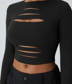 Casual Tops<HALARA Round Neck Long Sleeve Cut Out Ripped Skinny Cropped Casual Top