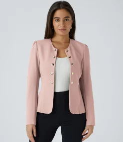 Work Tops|Jackets & Outerwear<HALARA Round Neck Long Sleeve Decorative Slim Work Jacket